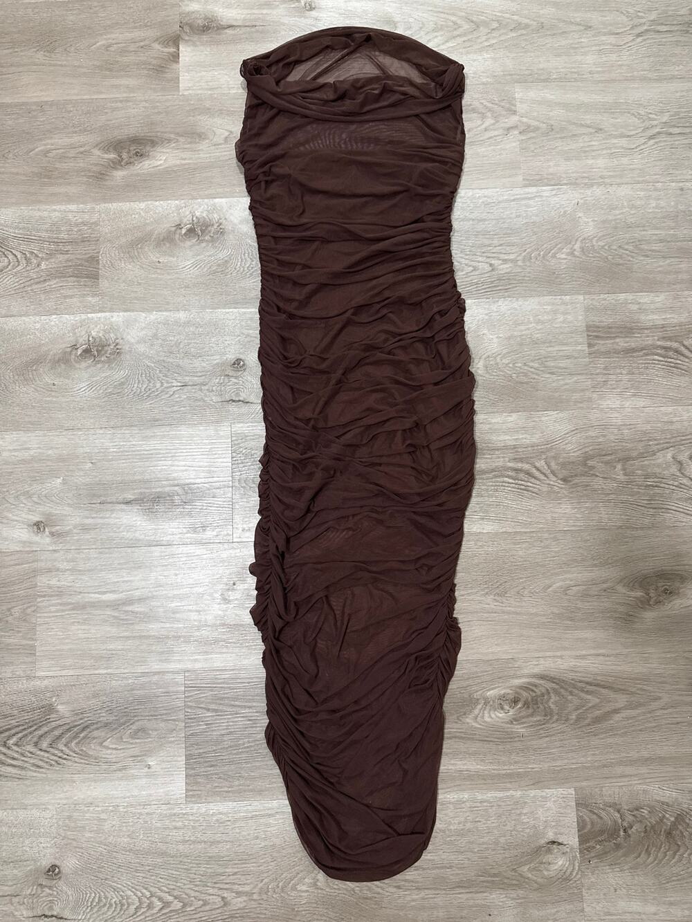 Lulus ruched dress with mesh overlay, cowl neck women’s XS